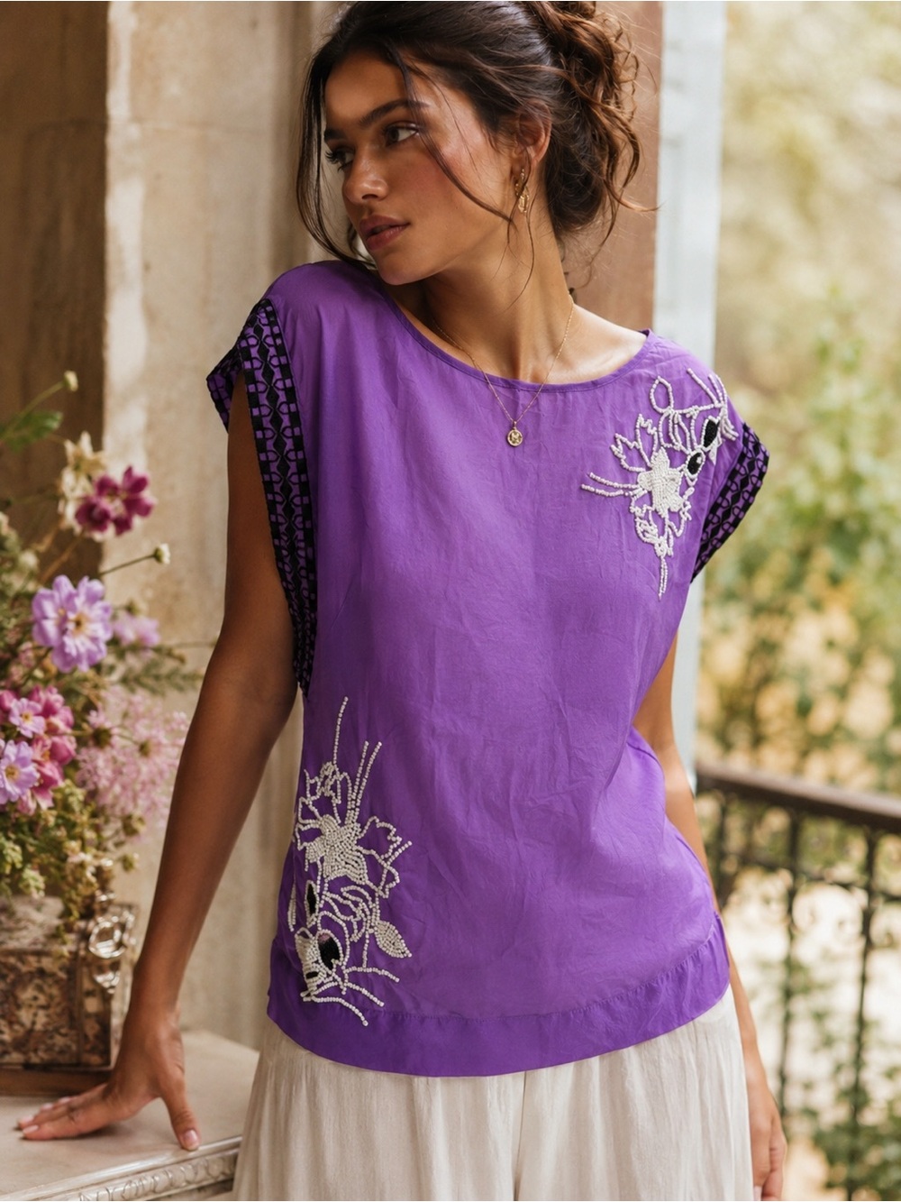 LEIFNOTES By Anthropologie Farren Beaded Tie Back Blouse EUC